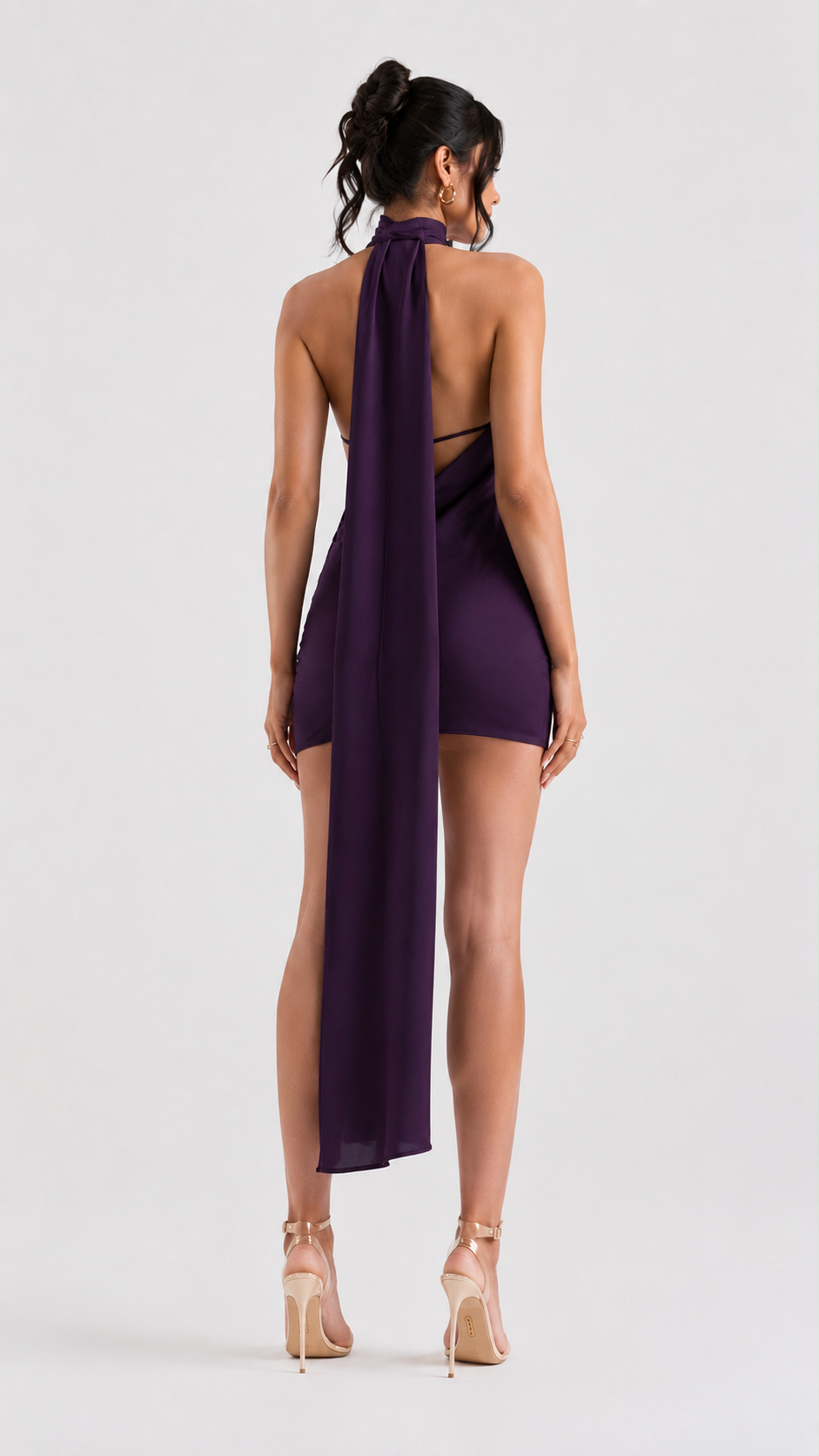Purple satin halter mini dress with open back - back view