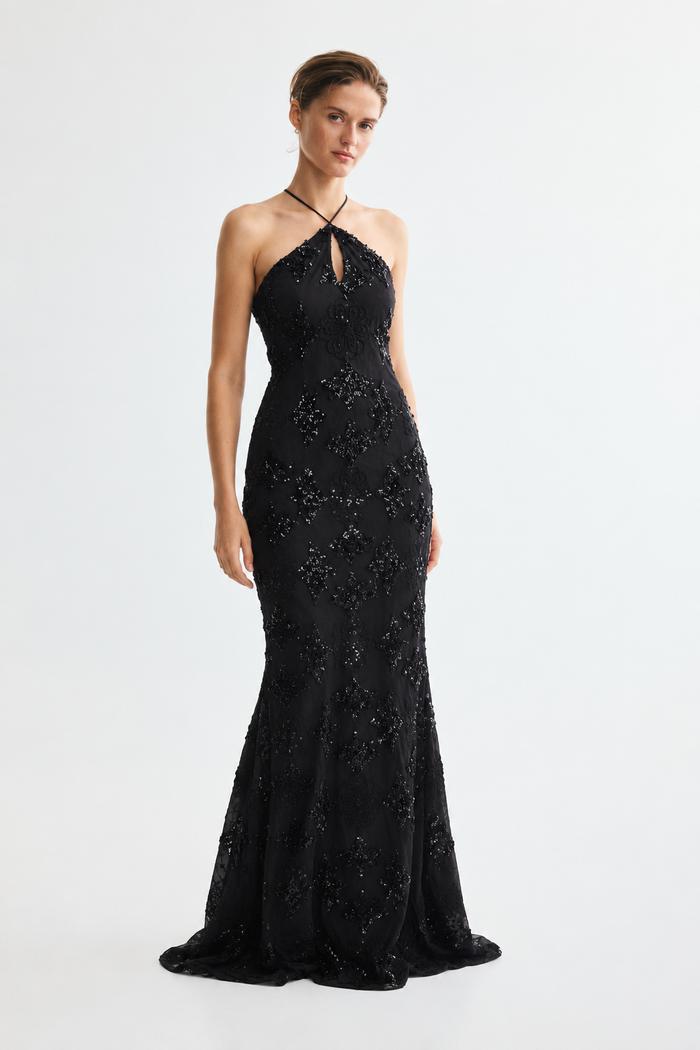 Black Embellished Halter Neck Keyhole Floor Length Gown