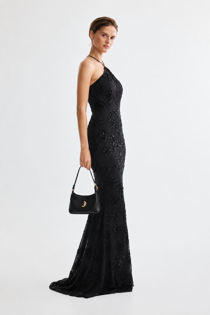 Black Embellished Halter Neck Keyhole Floor Length Gown