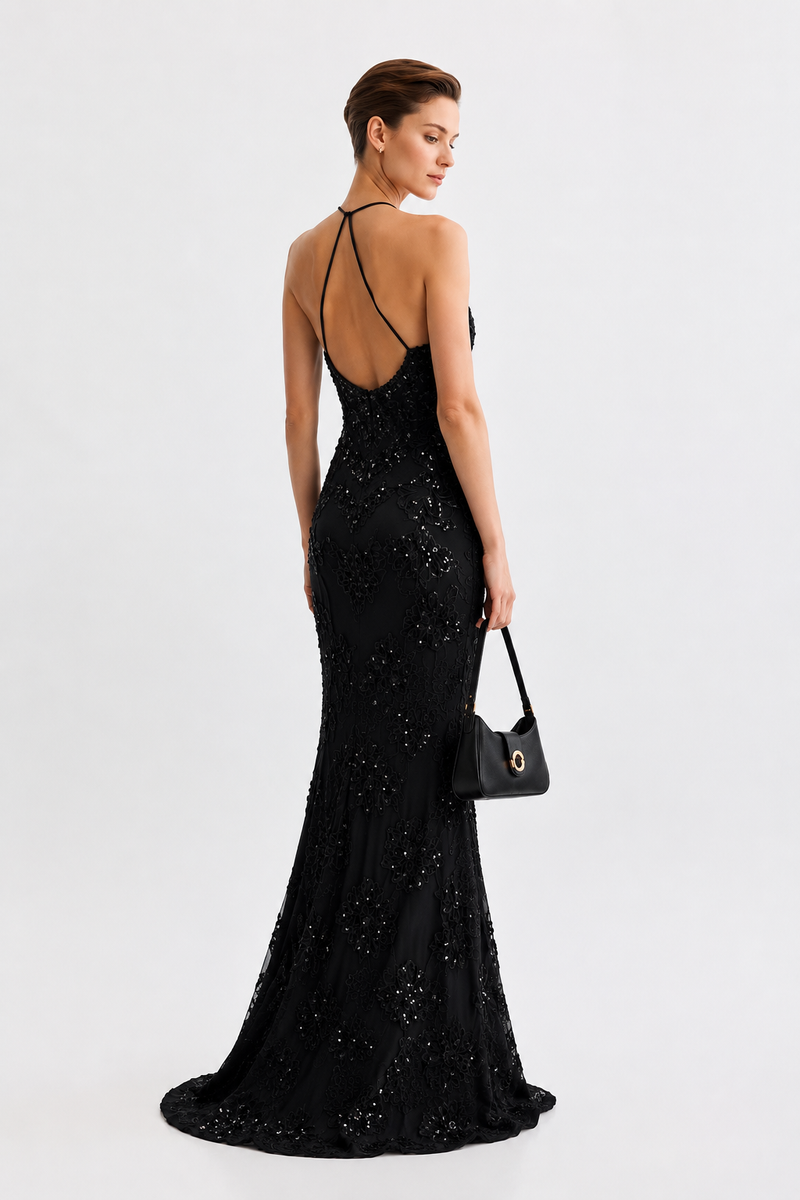 Black Embellished Halter Neck Keyhole Floor Length Gown