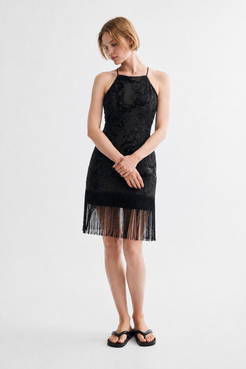 Black Velvet Embossed Fringe Hem Halter Mini Dress