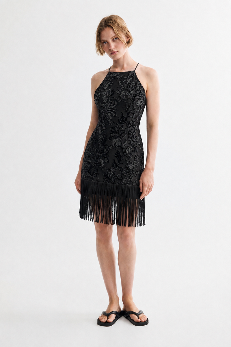 Black Velvet Embossed Fringe Hem Halter Mini Dress