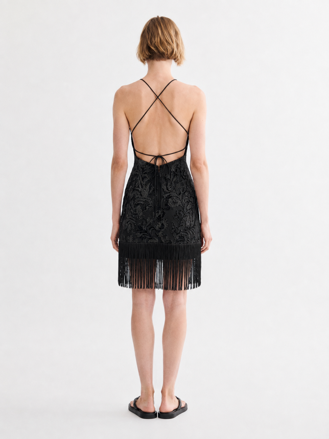 Black velvet embossed fringe hem halter mini dress - back