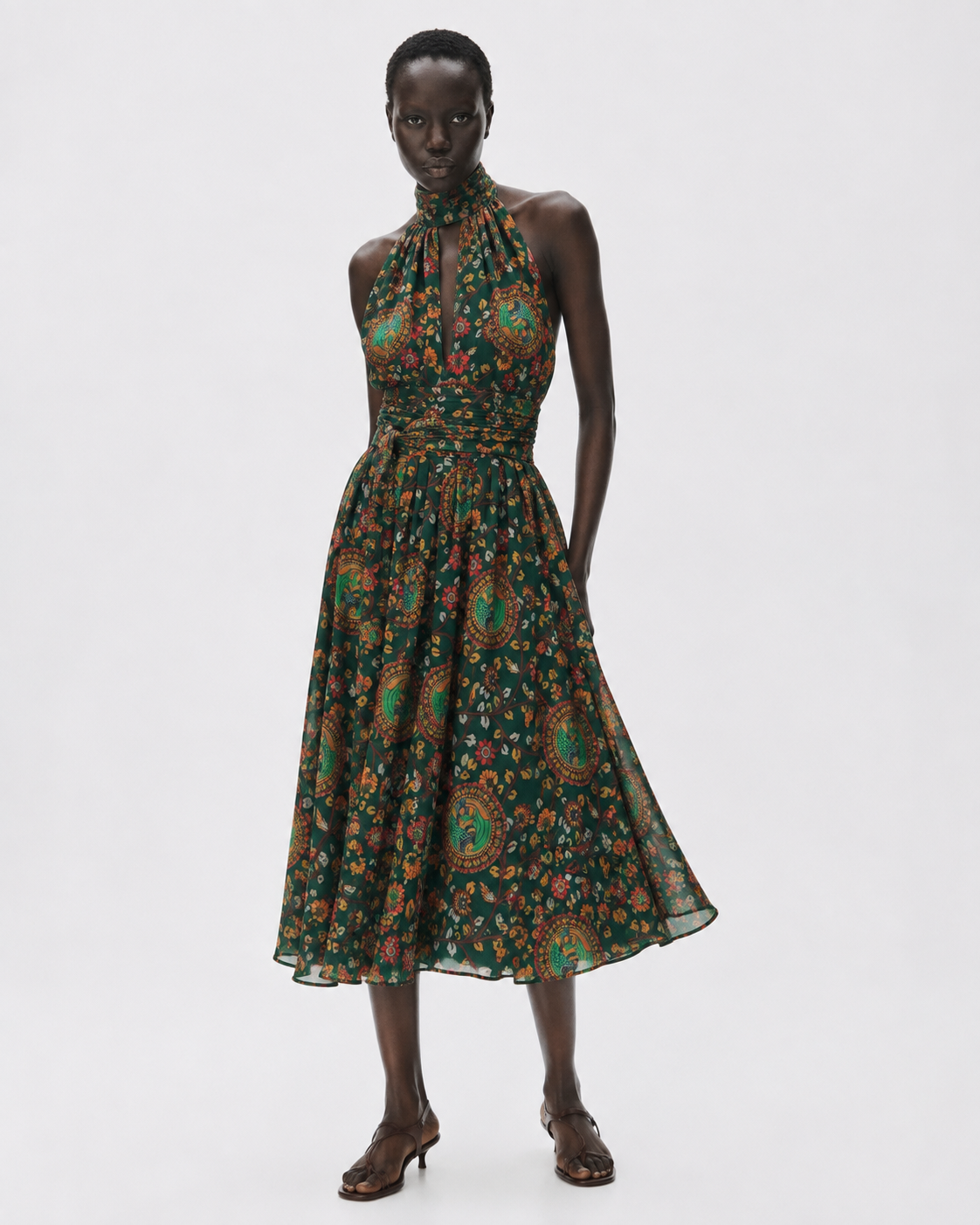 Green floral print halter neck tie-waist midi dress - front