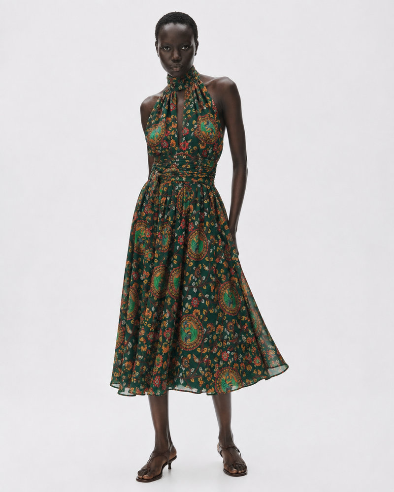 Green Floral Print Halter Neck Tie-Waist Midi Dress