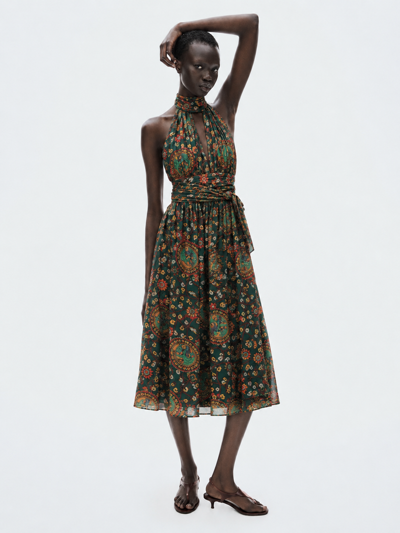 Green Floral Print Halter Neck Tie-Waist Midi Dress