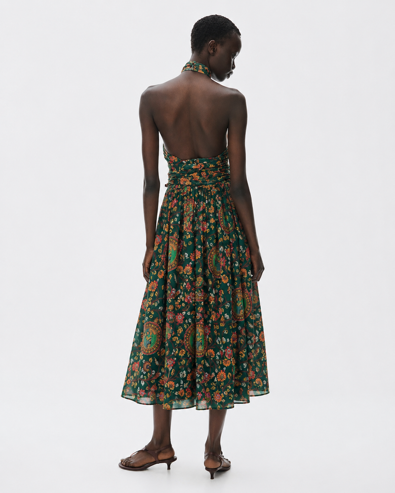 Green Floral Print Halter Neck Tie-Waist Midi Dress