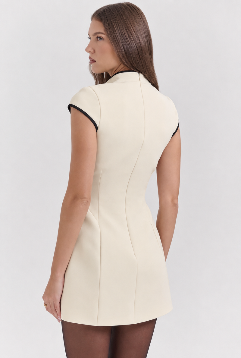 Off White Contrast Piping Keyhole Cap Sleeve Mini Dress