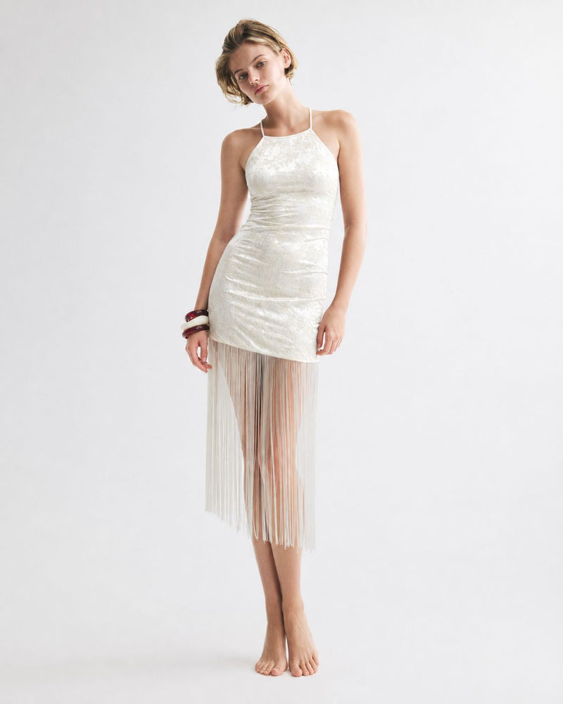 White Velvet Embossed Fringe Hem Halter Mini Dress