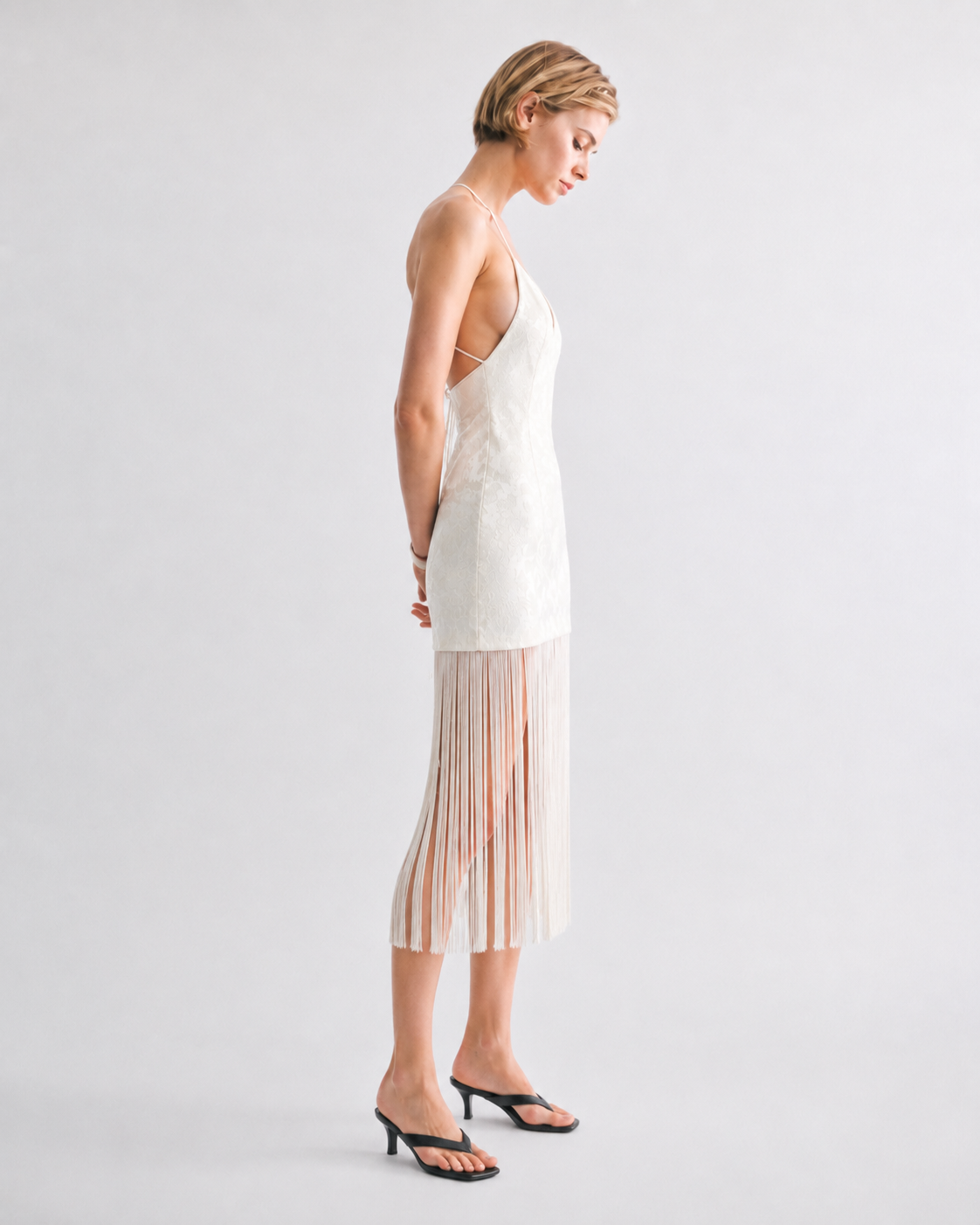 White velvet embossed fringe hem halter mini dress - side