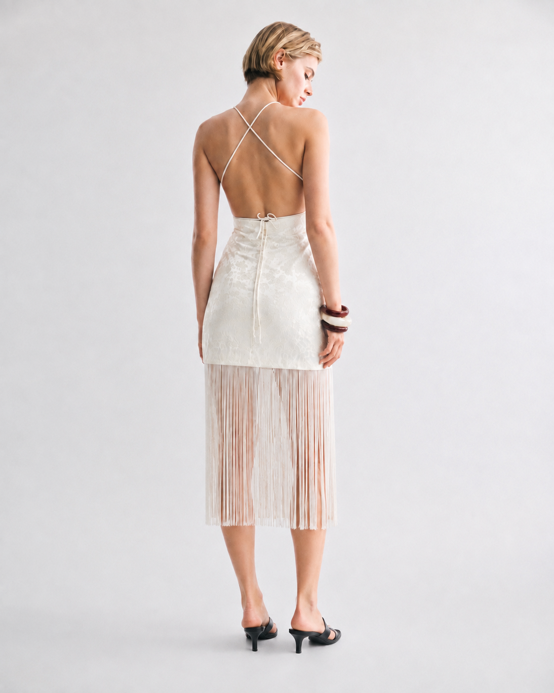 White velvet embossed fringe hem halter mini dress - back