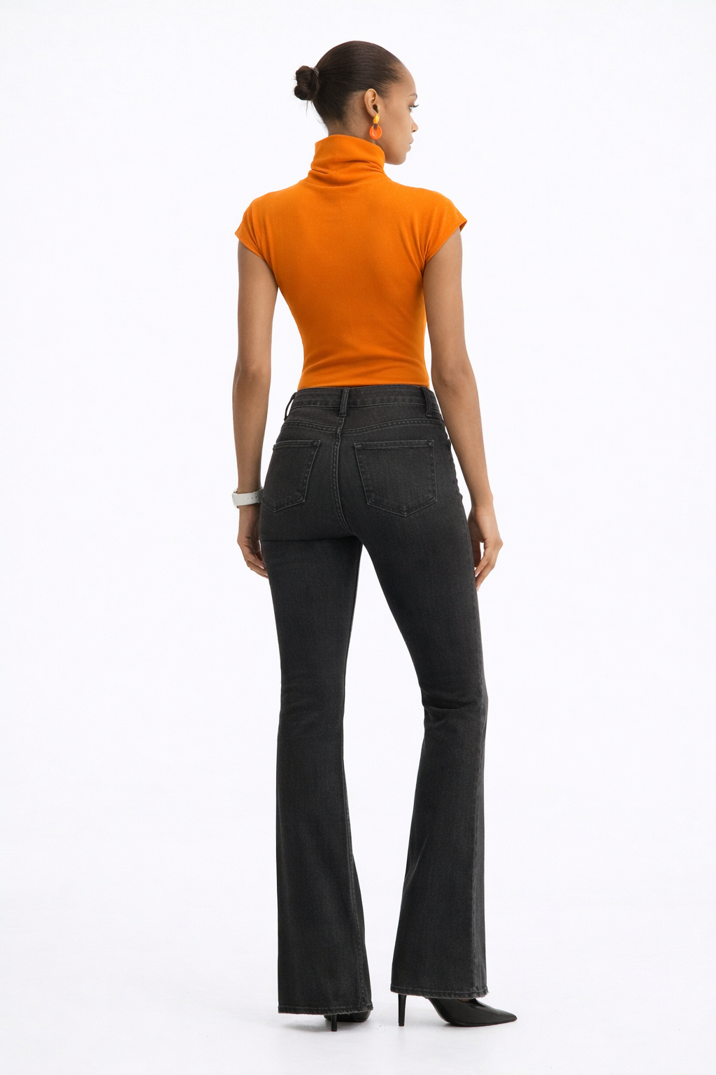 Burnt Orange Sculpt Bodysuit with Charcoal Bootcut Denim