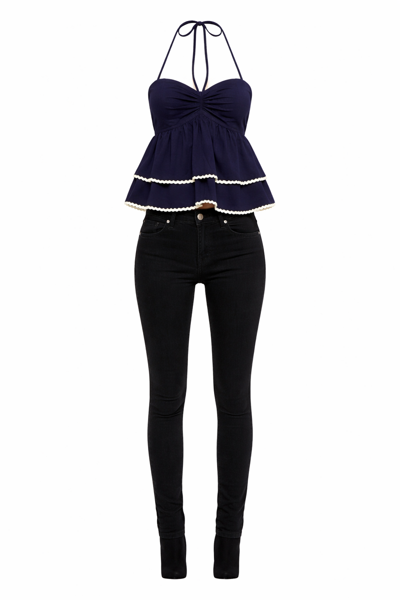 Navy Halter Peplum Top with Black Slim Fit Denim