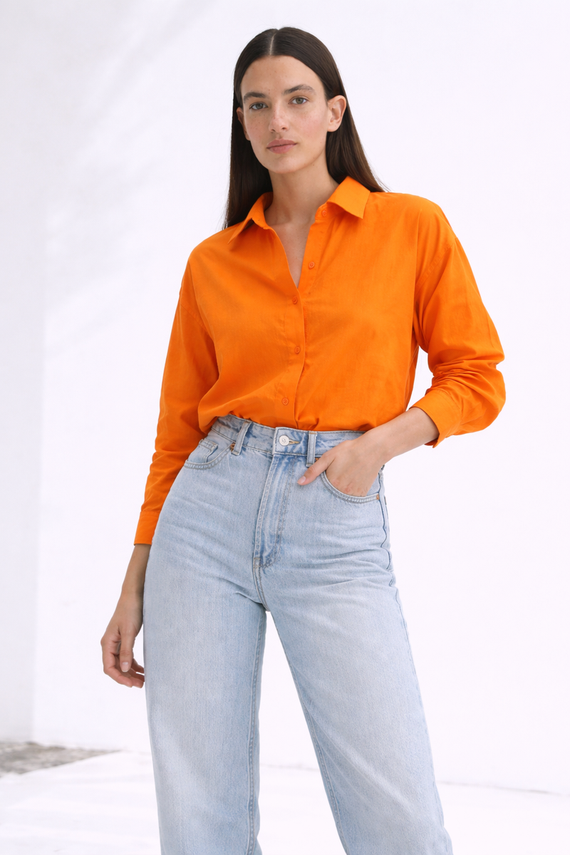 Vivid Orange Shirt with Light-Wash Straight Fit Denim