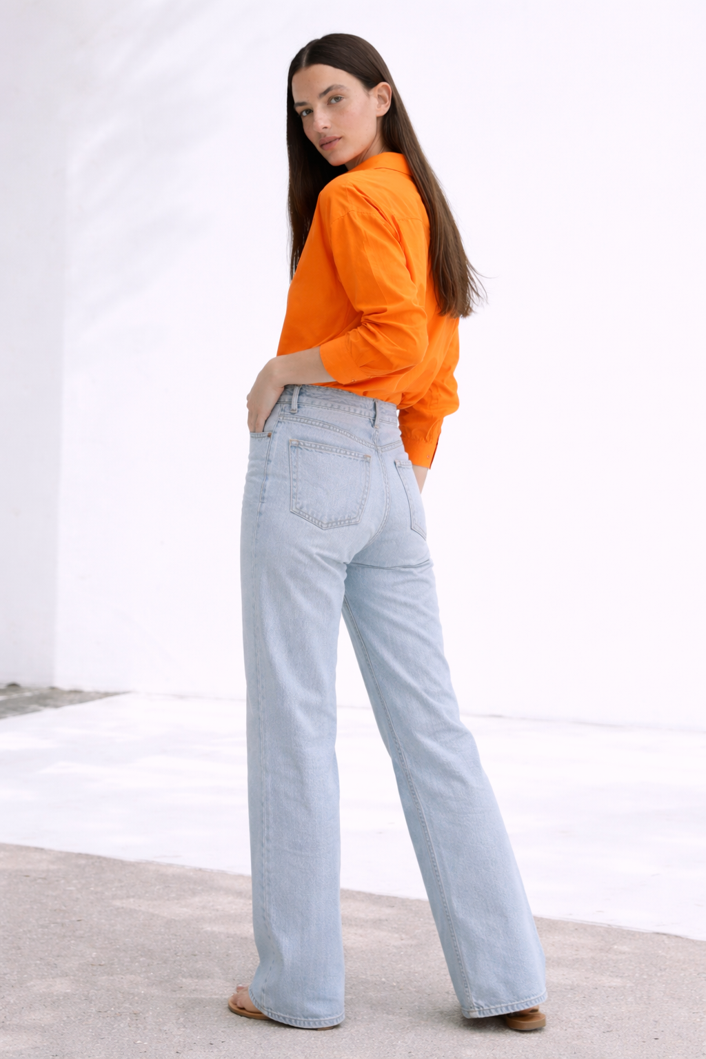 Vivid Orange Shirt with Light-Wash Straight Fit Denim