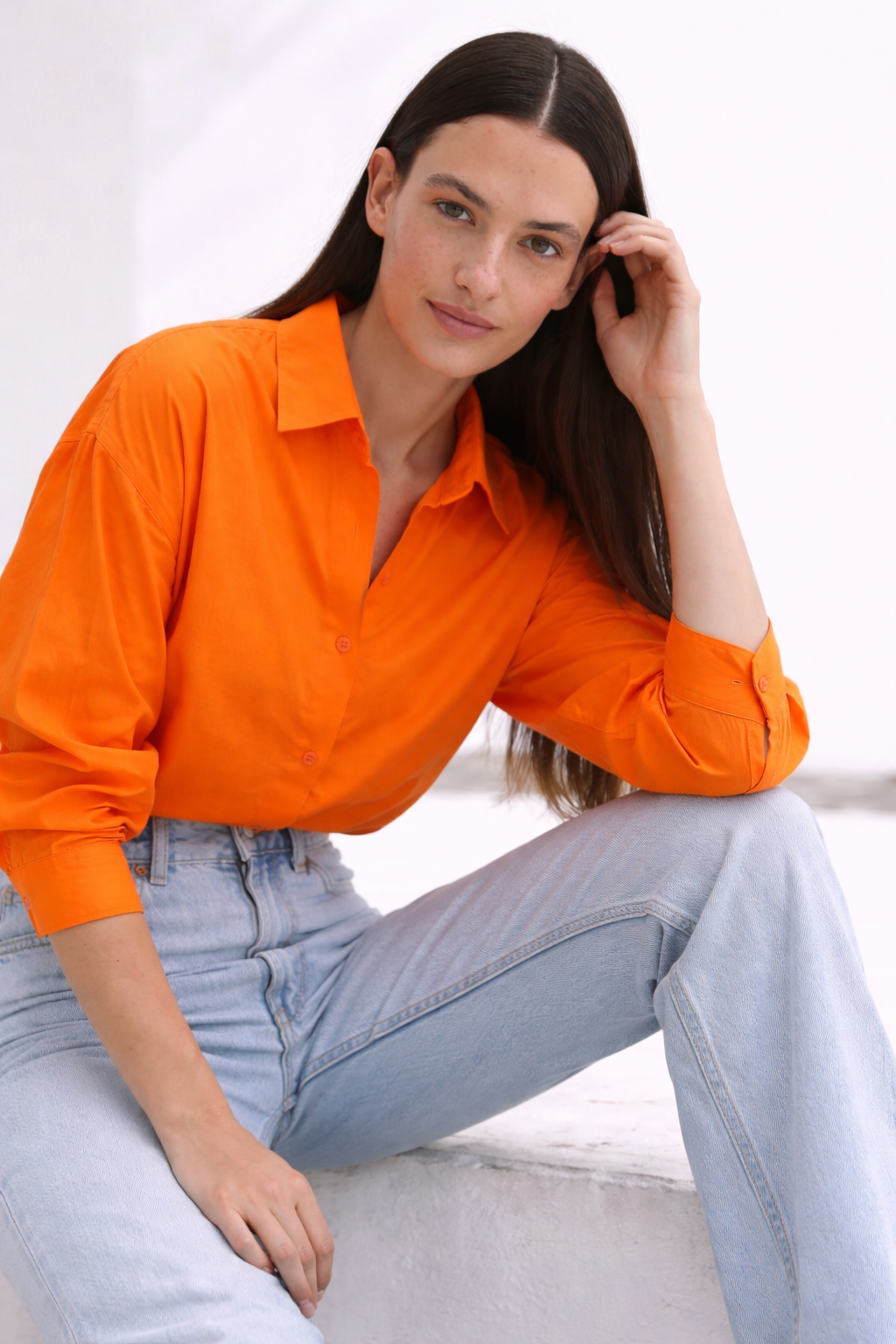 Vivid Orange Shirt with Light-Wash Straight Fit Denim
