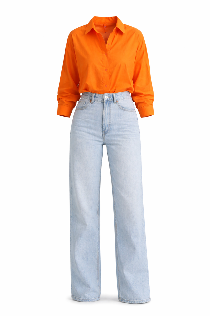 Vivid Orange Shirt with Light-Wash Straight Fit Denim