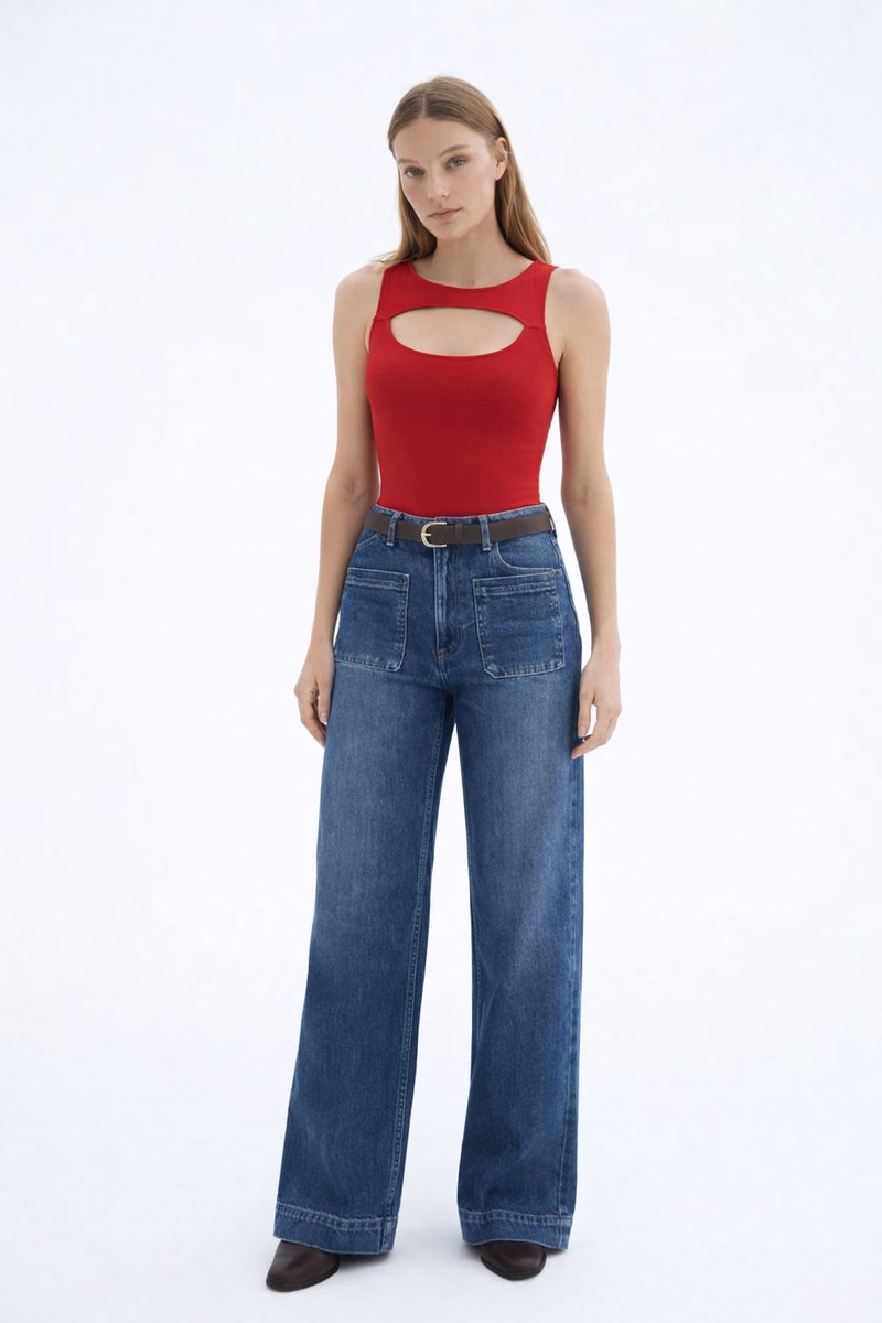 Scarlet Cut-Out Bodysuit with Utility Front Pocket Denim