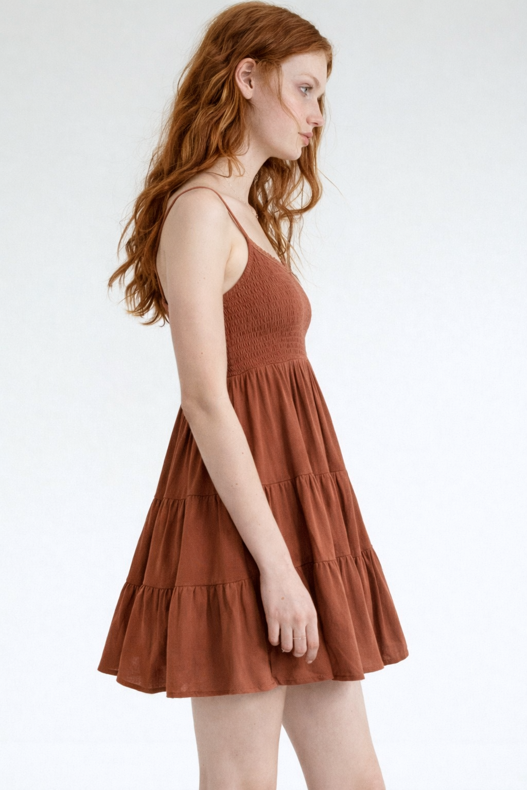 Women Sleeve-less Frill Dresses-Brown