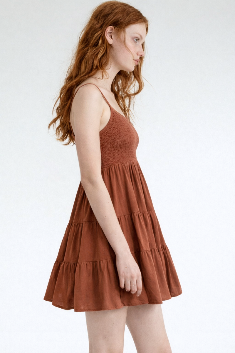 Women Sleeve-less Frill Dresses-Brown