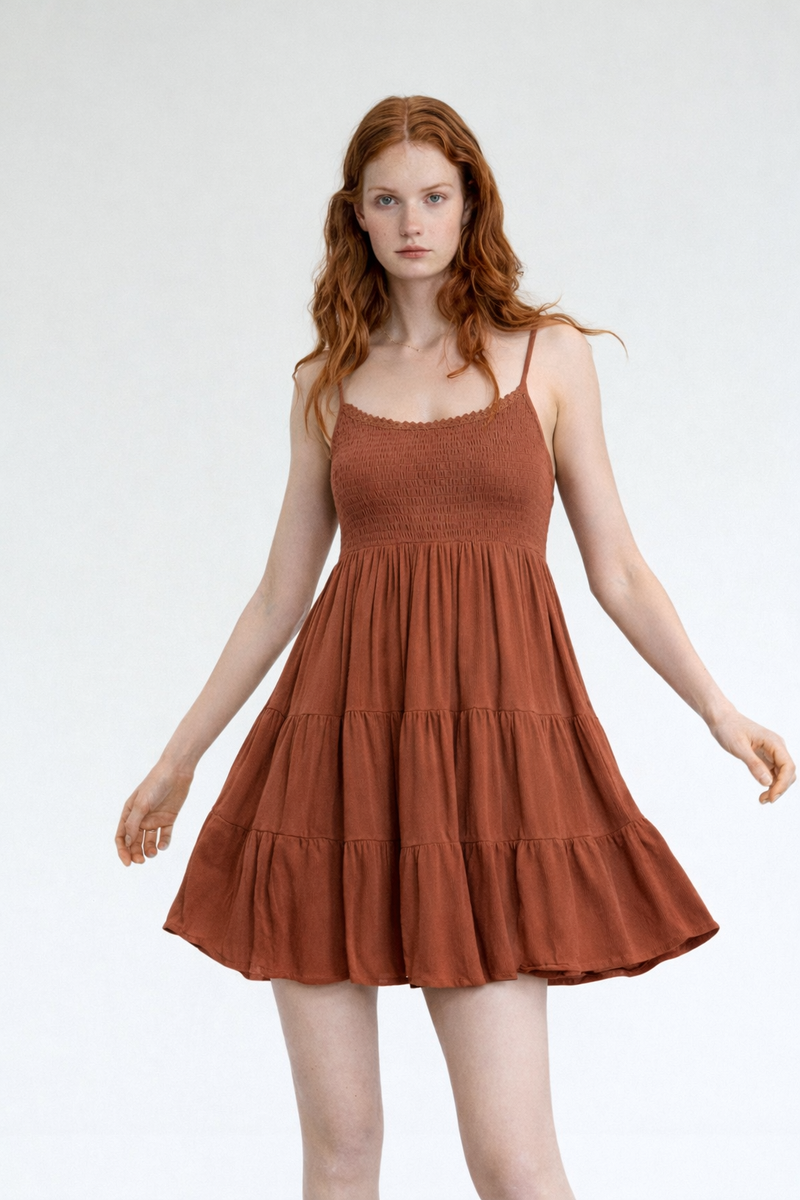 Women Sleeve-less Frill Dresses-Brown