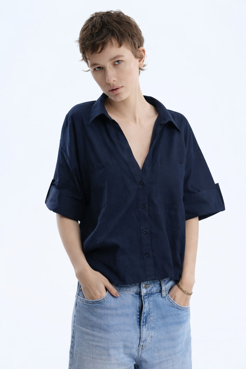 Linen Short Sleeve Shirt Navy