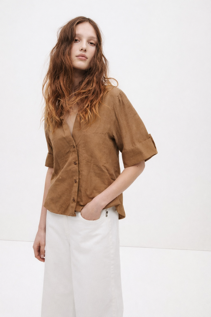 Linen Short Sleeve Shirt Brown