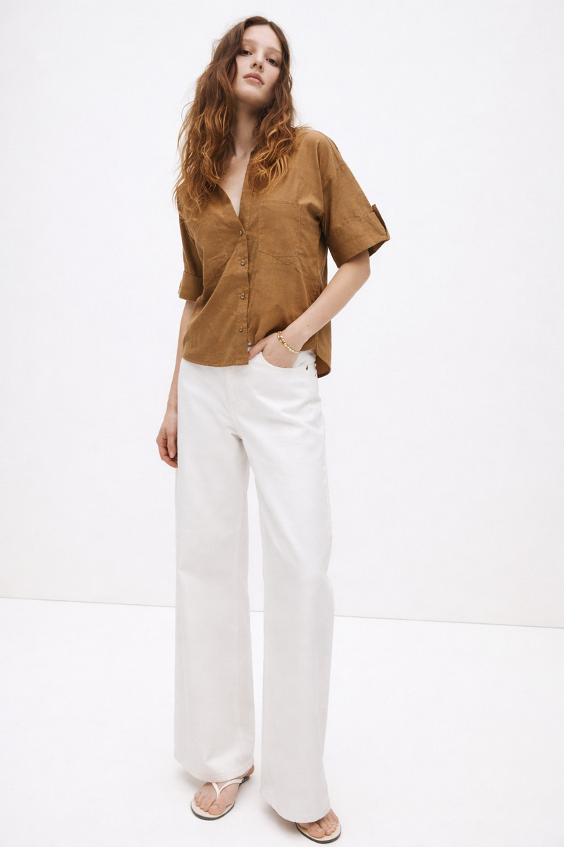Linen Short Sleeve Shirt Brown