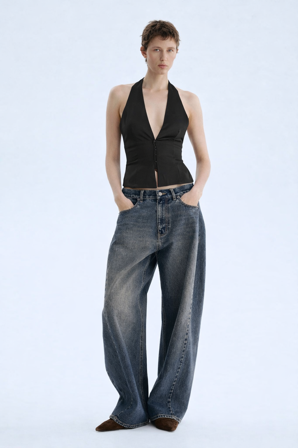 Women Black Halter Neck Vest Coat
