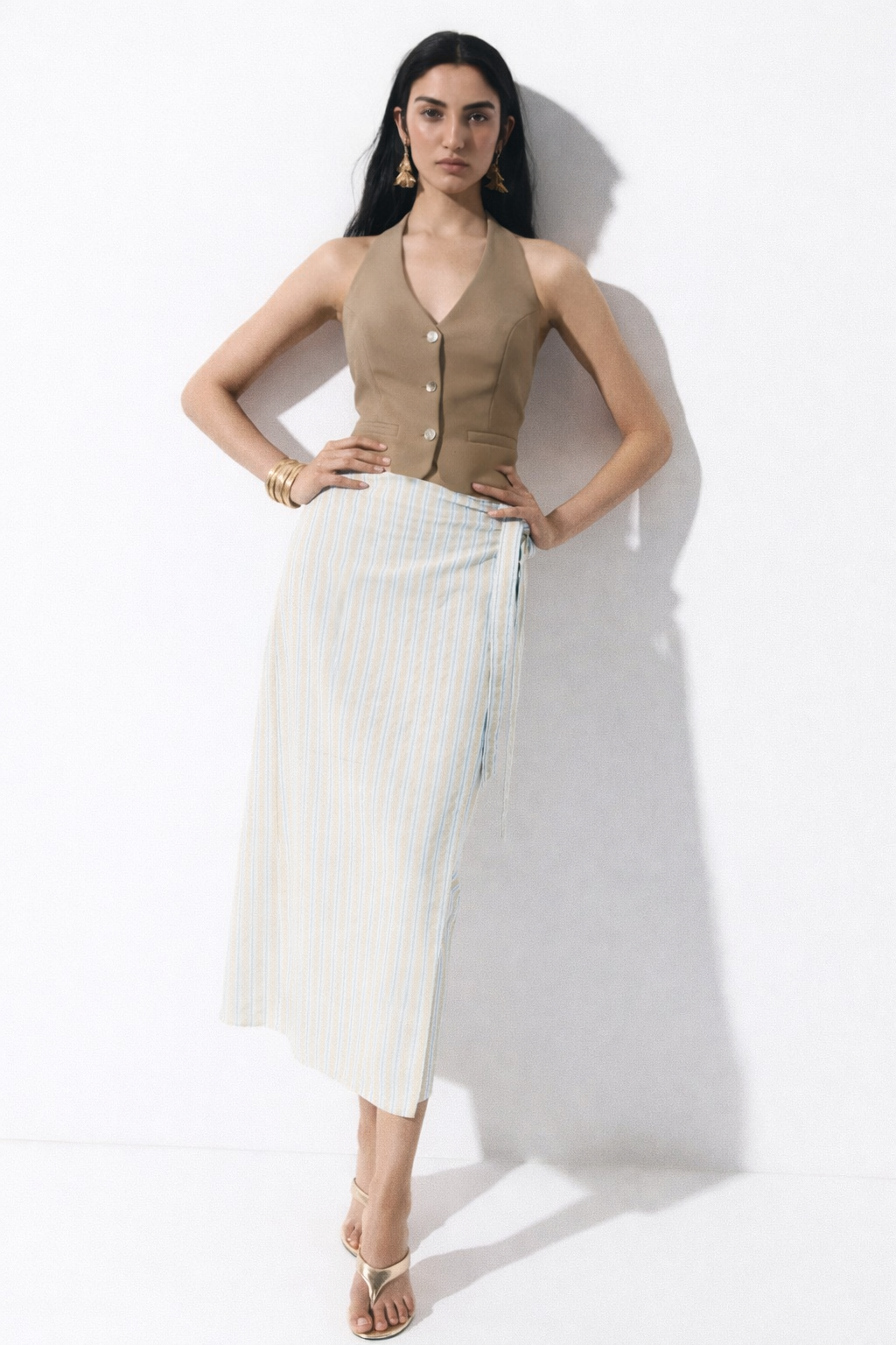 Taupe Buttoned Women Halter Vest Coat