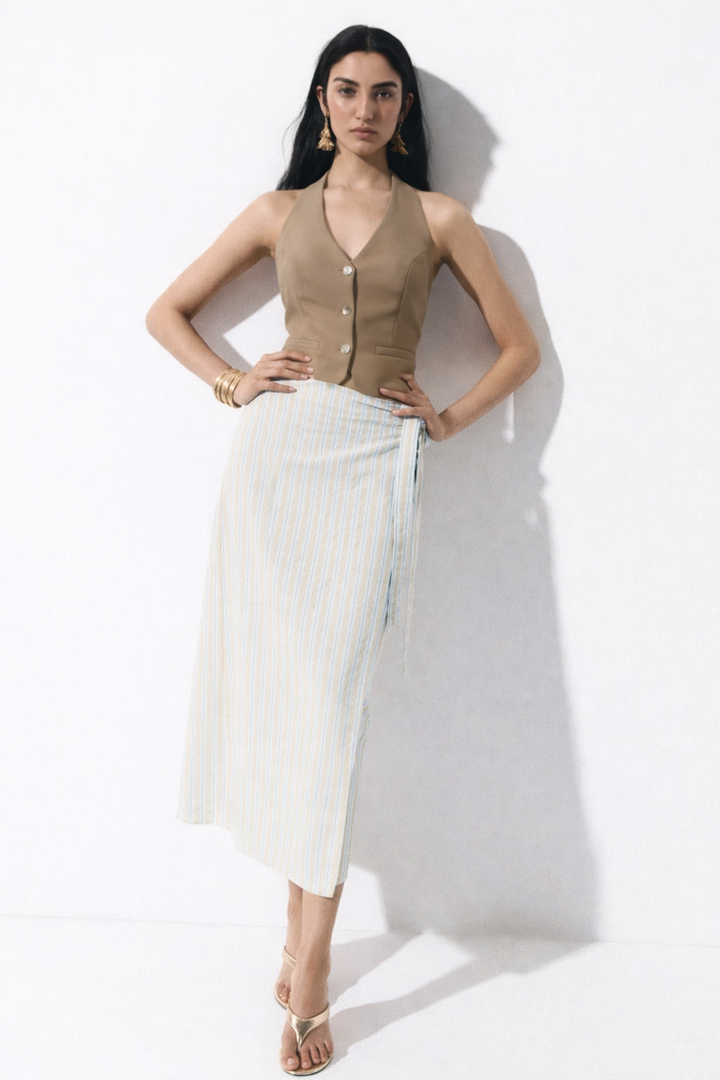 Taupe Buttoned Women Halter Vest Coat