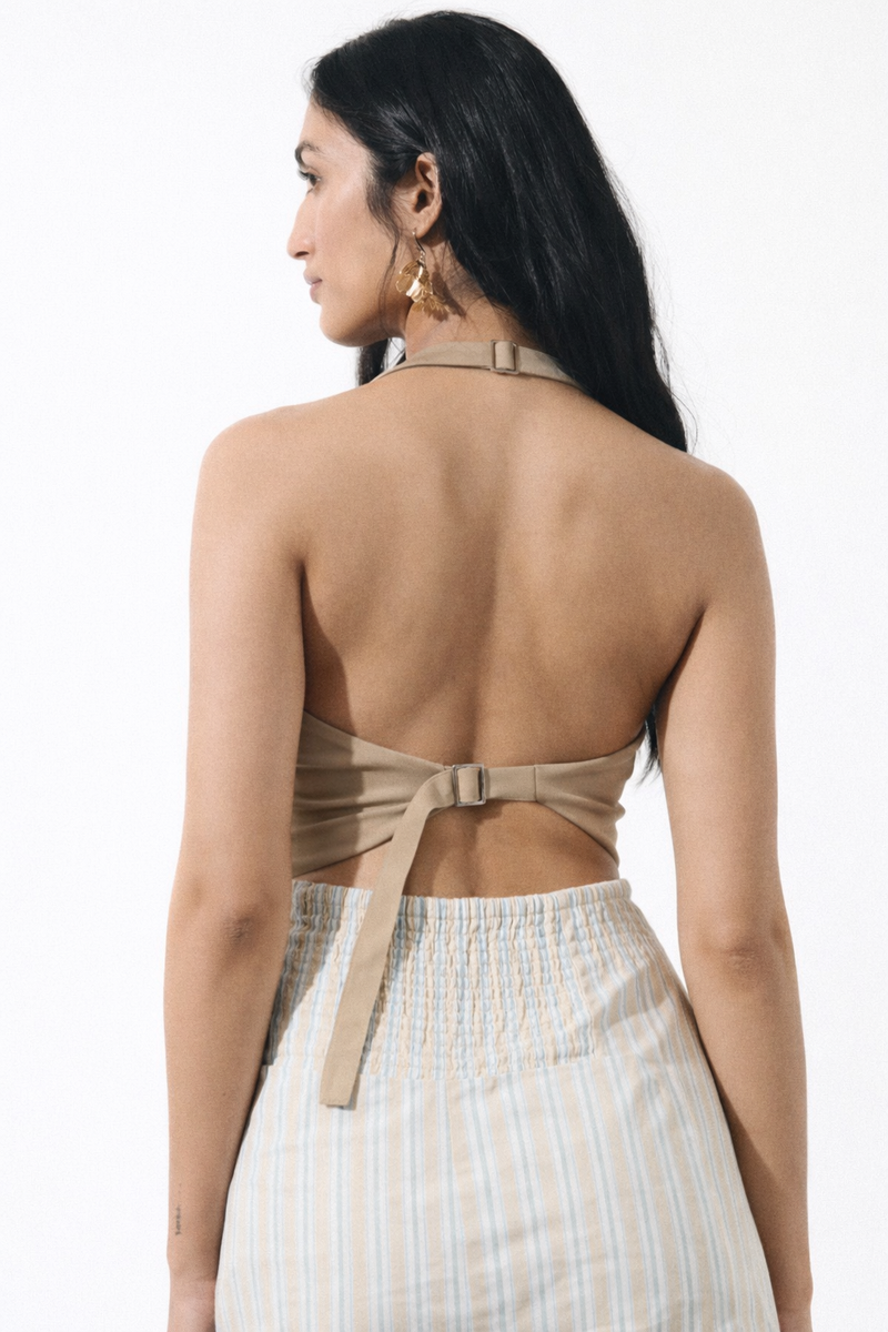 Taupe Buttoned Women Halter Vest Coat