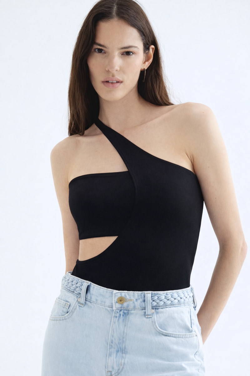 Black One-Shoulder Cut-Out Bodysuit