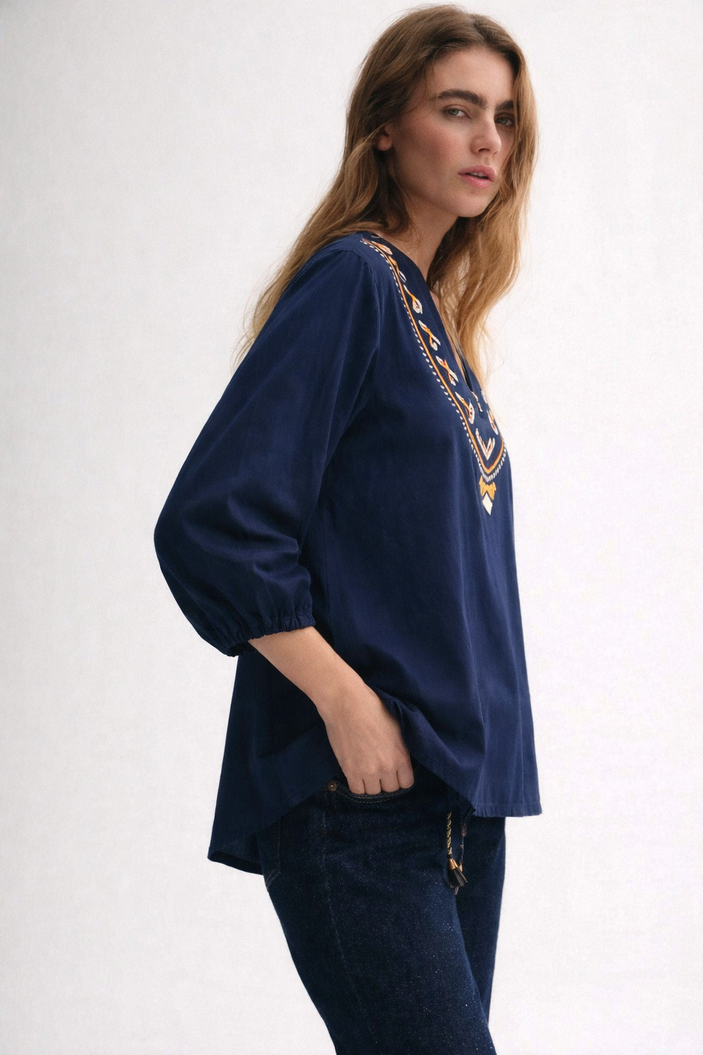 Navy Geometric Embroidered kurti