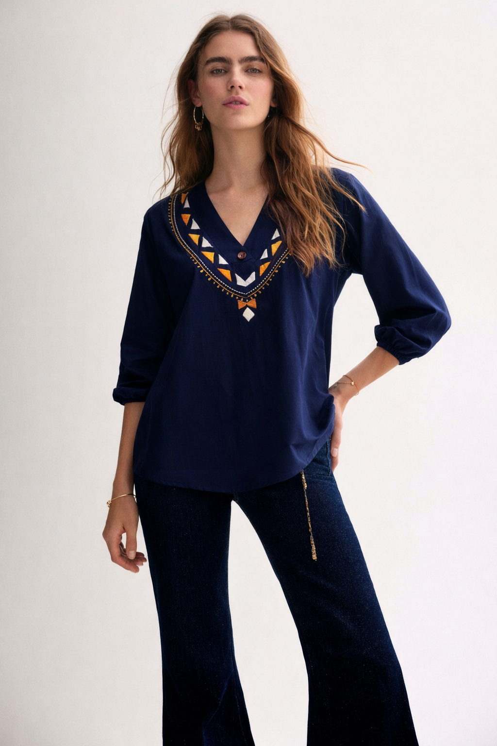 Navy Geometric Embroidered kurti