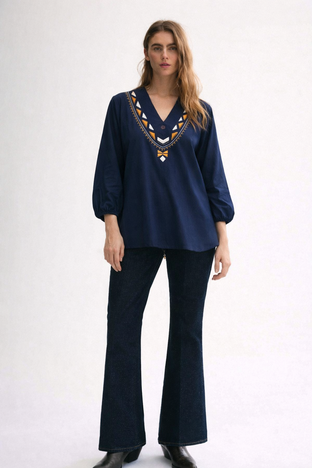 Navy Geometric Embroidered kurti