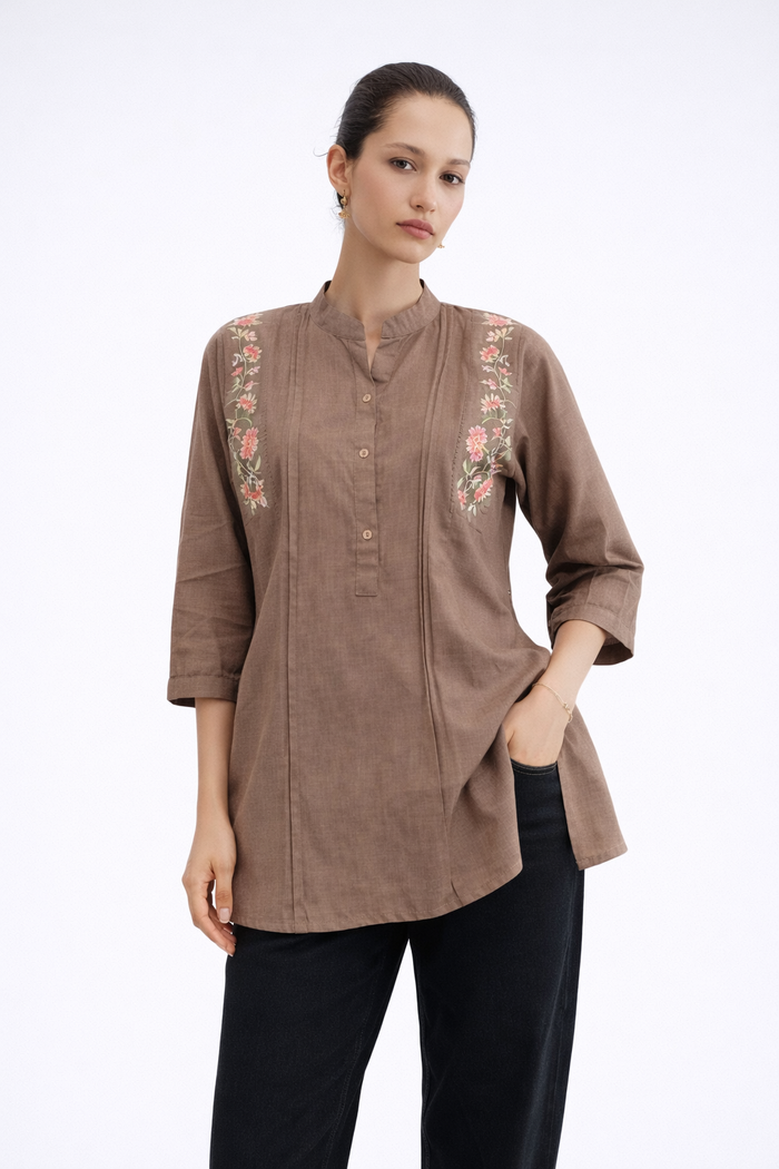 Taupe Embroidered Straight Kurti