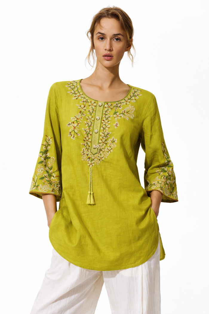Parrot Green Embroidered Straight Kurti