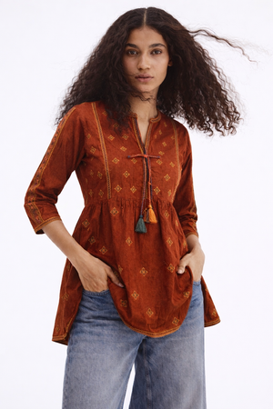 Orange  Embroidery Tassel Dobby Kurti