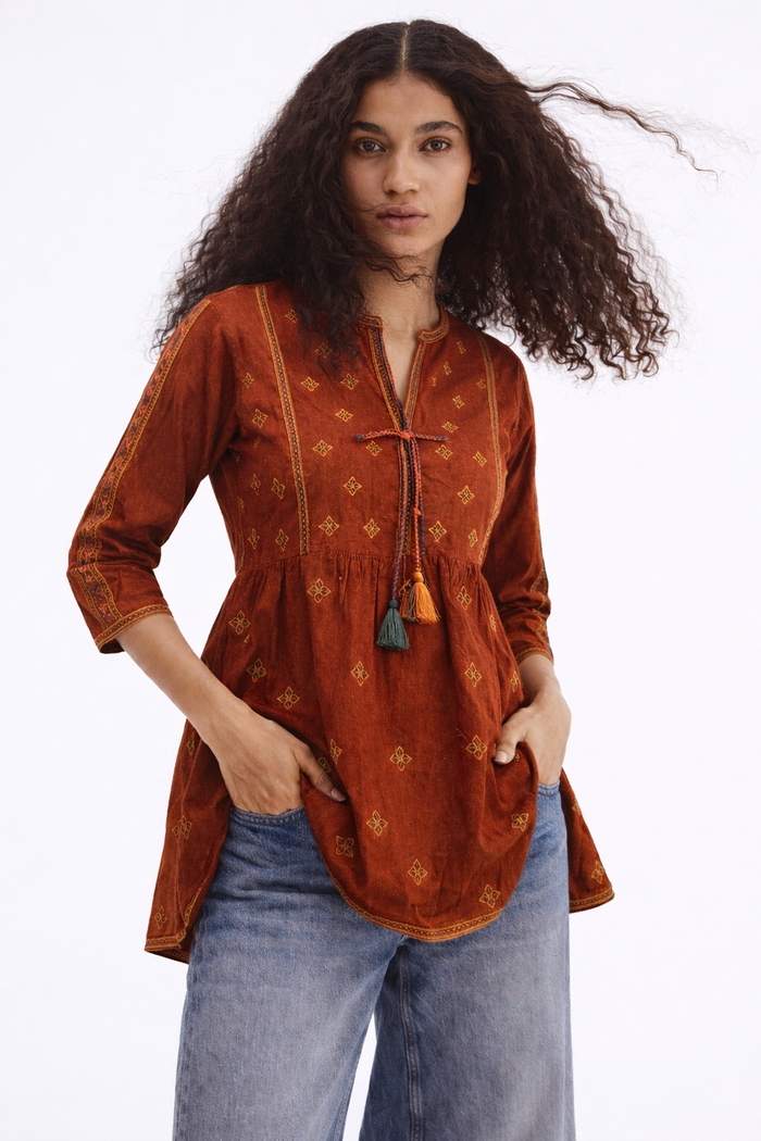 Orange  Embroidery Tassel Dobby Kurti