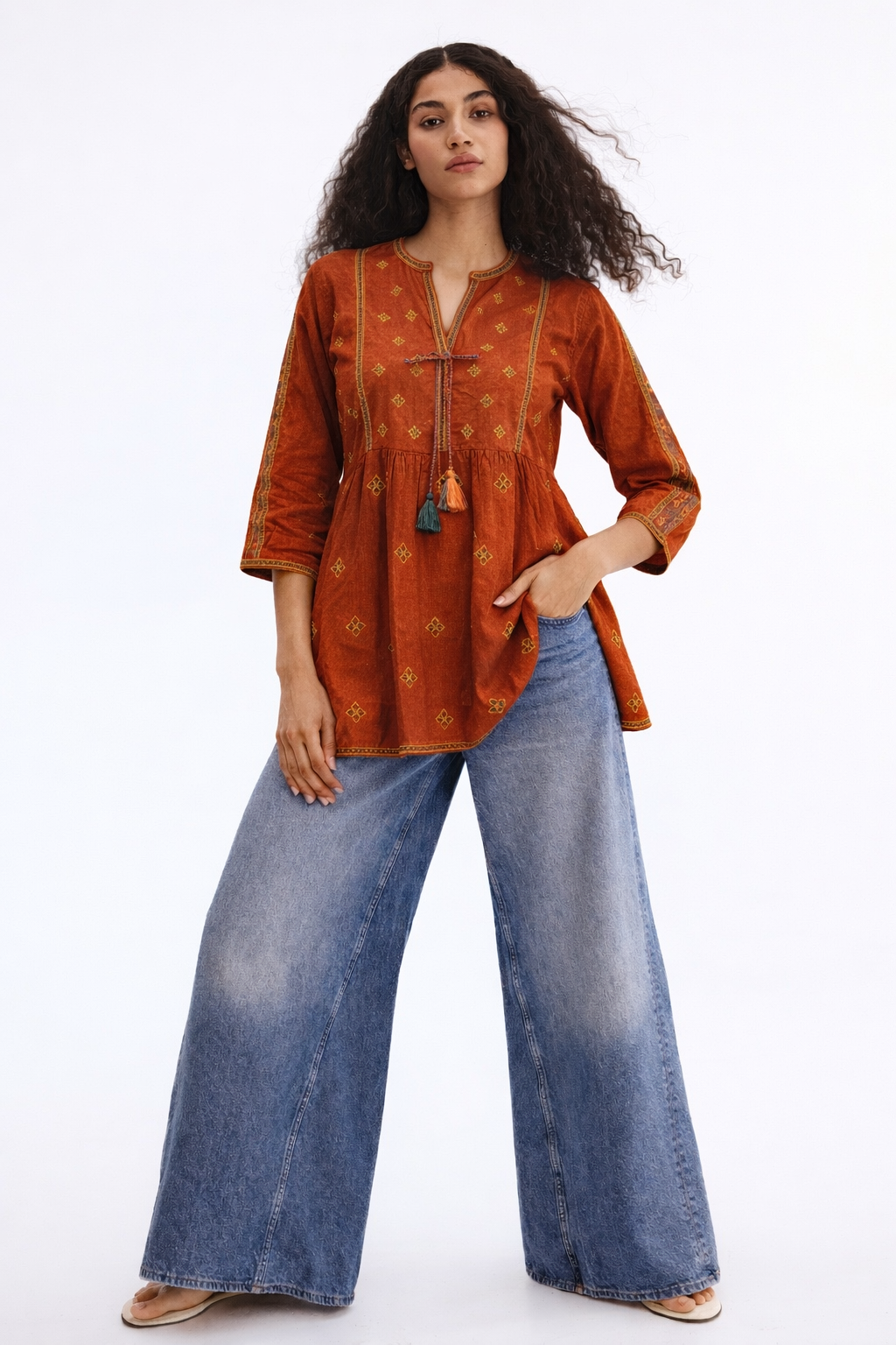 Orange  Embroidery Tassel Dobby Kurti
