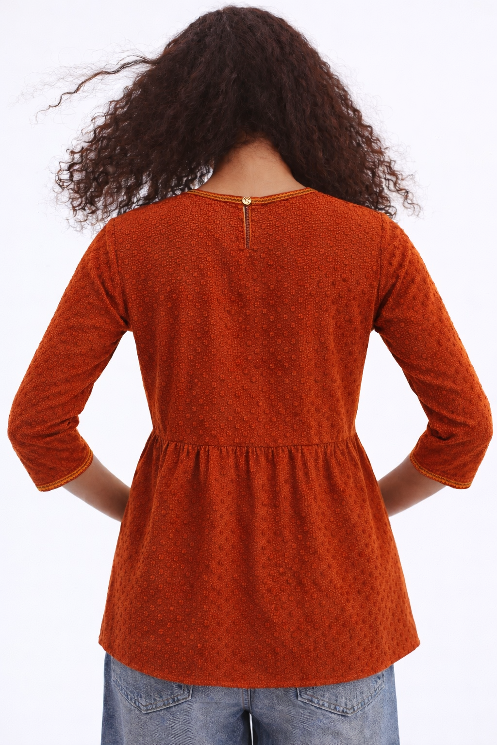 Orange  Embroidery Tassel Dobby Kurti