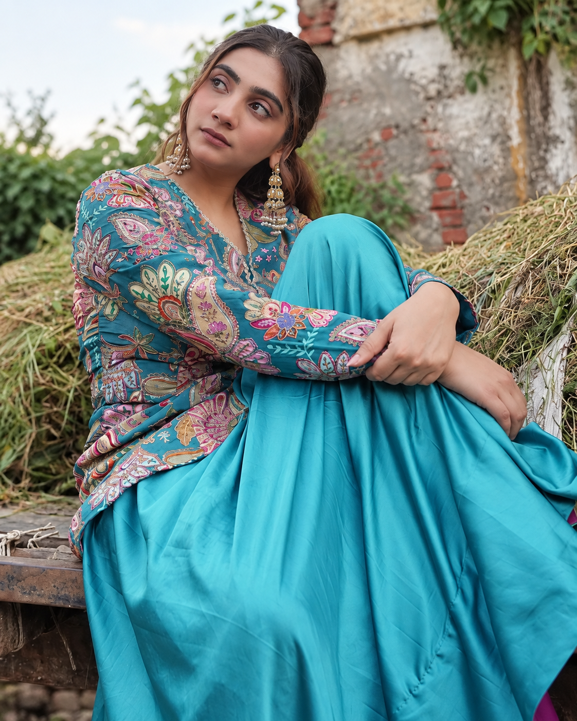 Teal Floral Jacket Lehenga Set