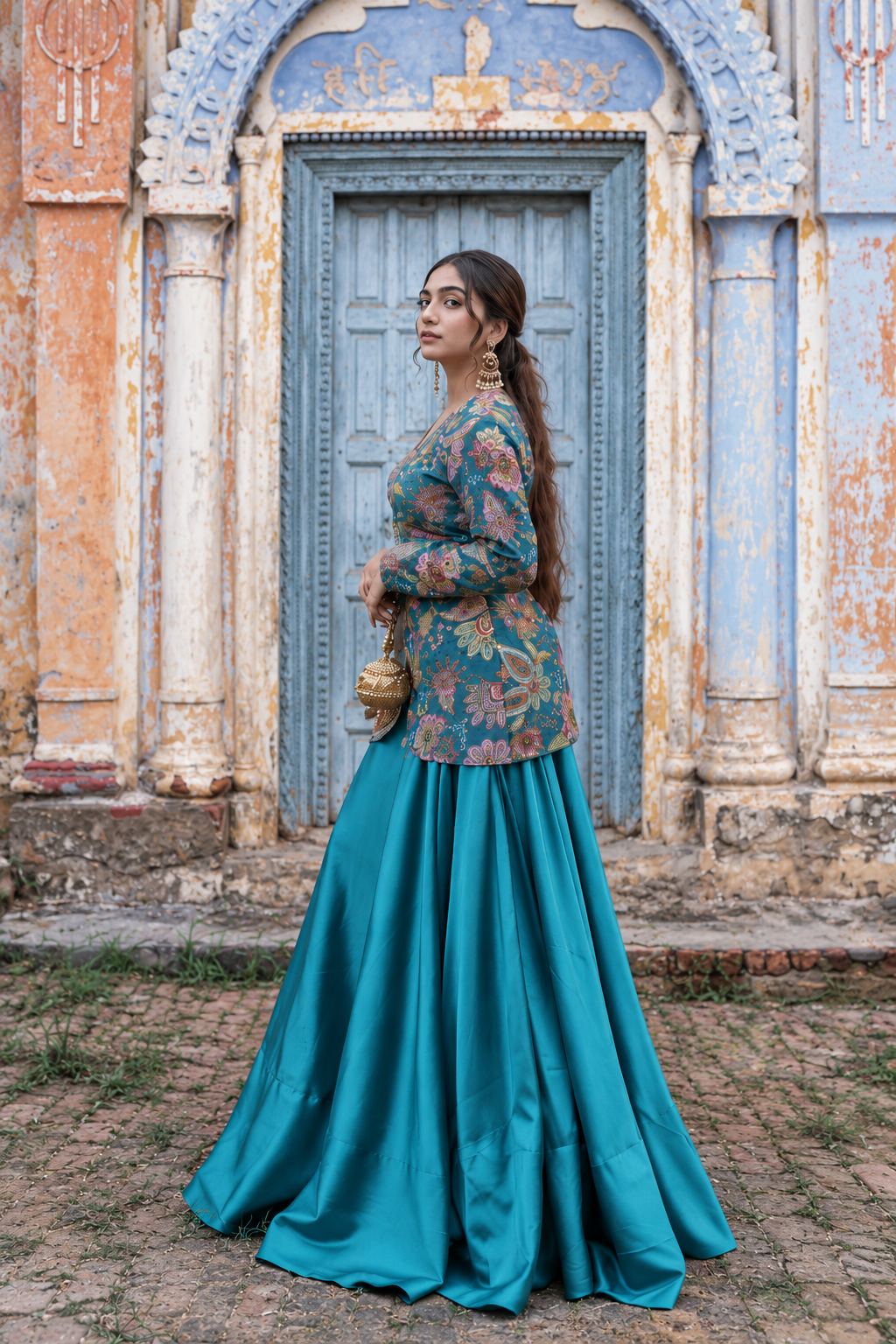 Teal Floral Jacket Lehenga Set