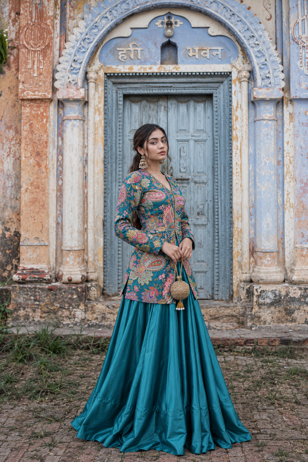 Teal Floral Jacket Lehenga Set