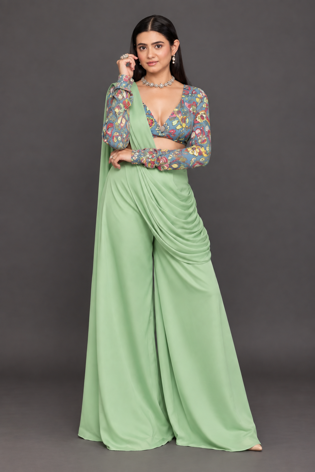 Sage Bloom Draped Palazzo Set