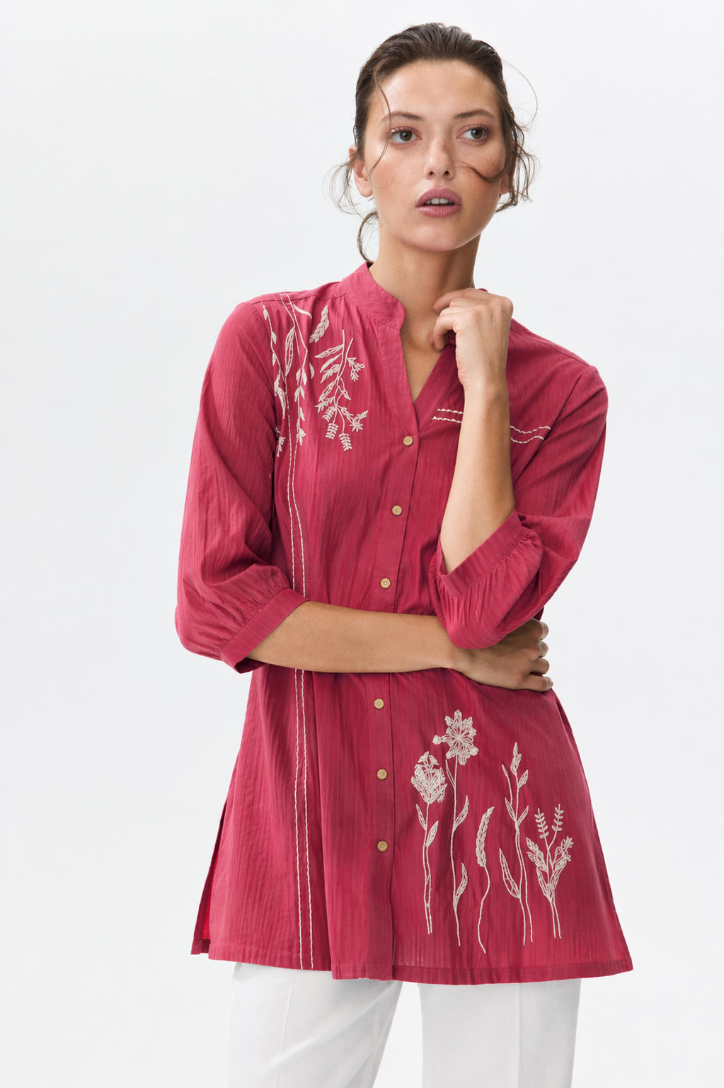 Coral Embroidered Shirt Kurti