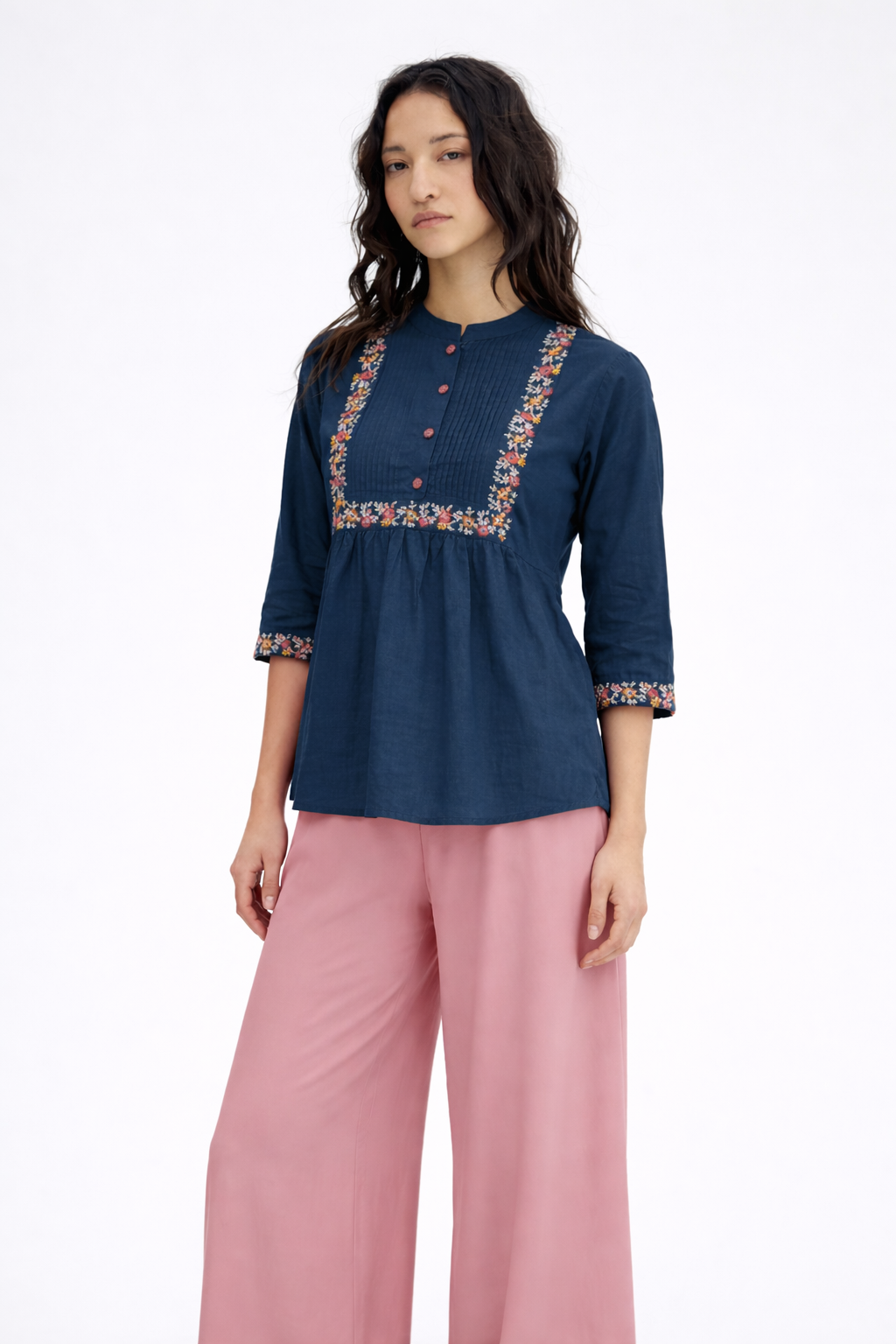 Teal Blue Floral Embroidered Kurti