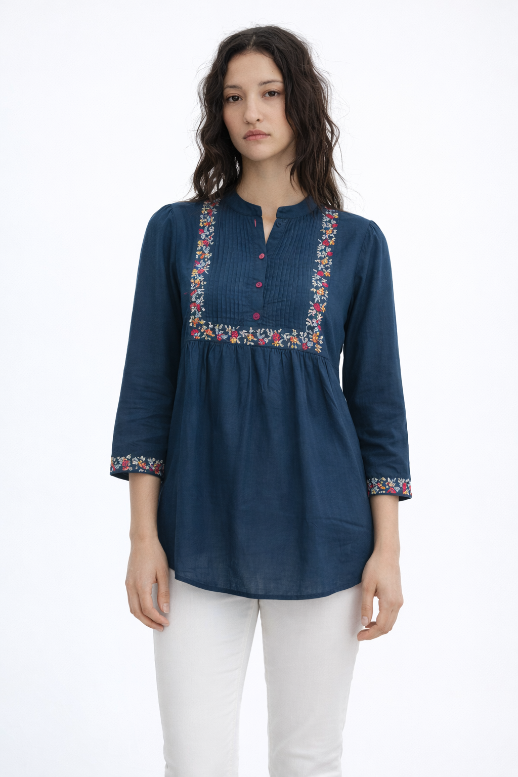 Teal Blue Floral Embroidered Kurti