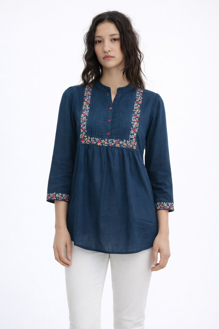 Teal Blue Floral Embroidered Kurti